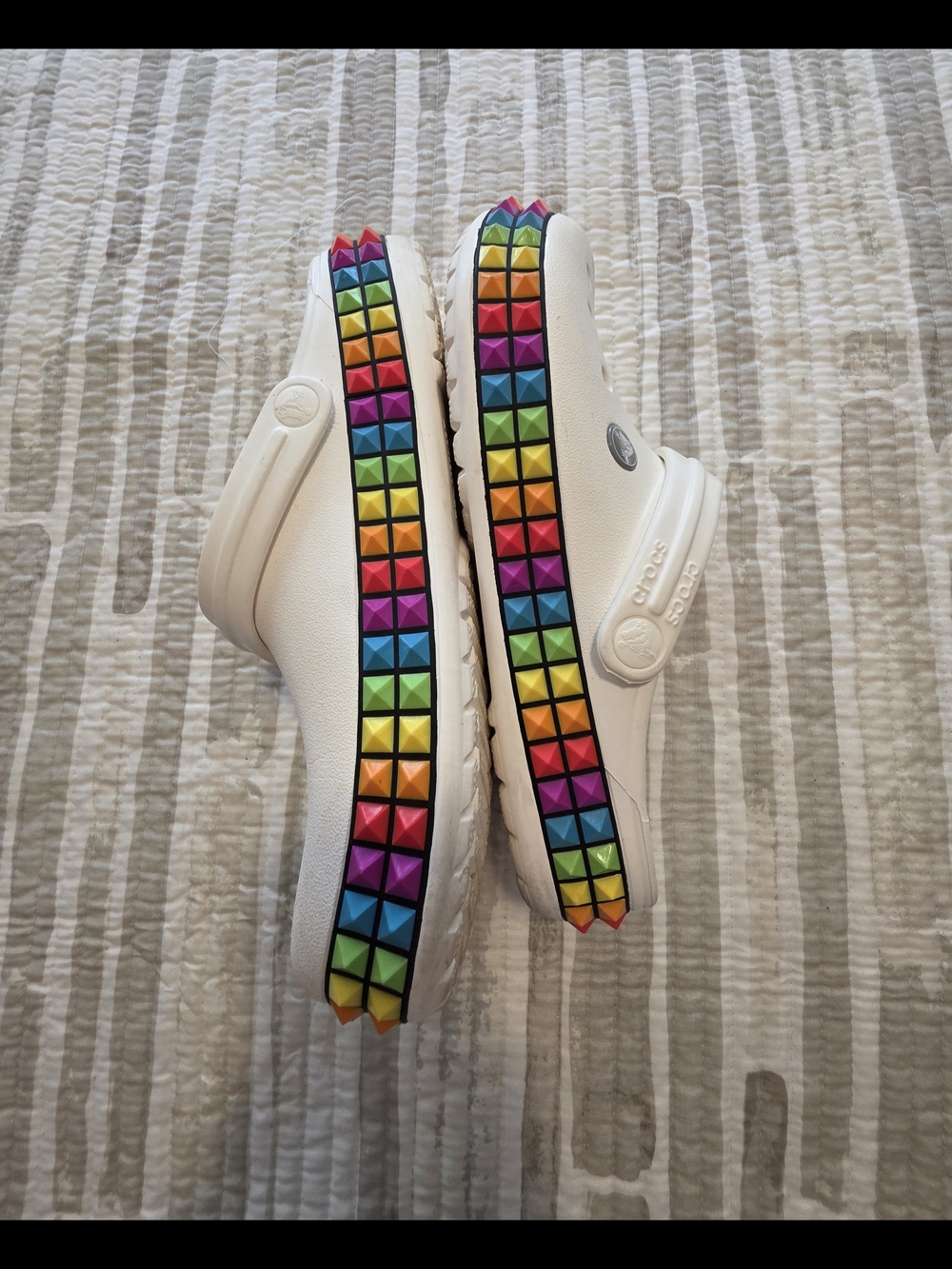 CROCS White Clog with Rainbow Pyramid Stud Trim